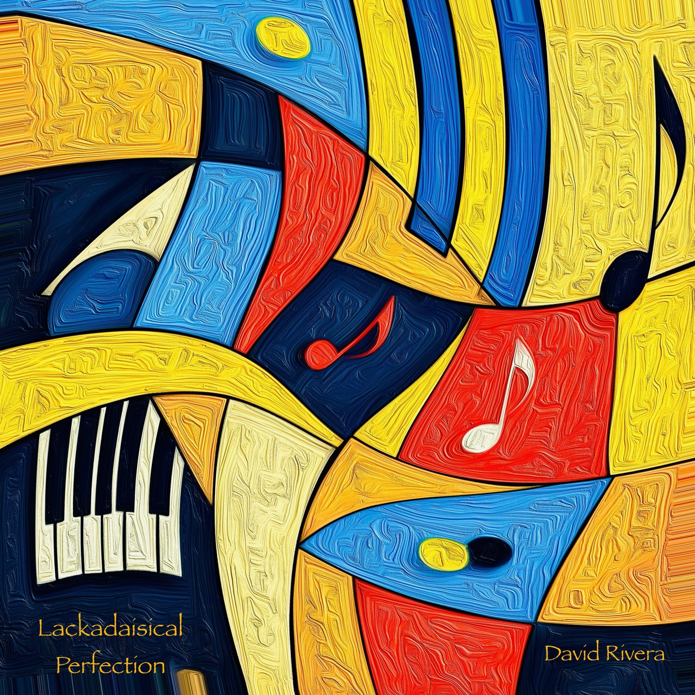 Cover of Lackadaisical Perfection: a cubist painting with piano keys and gold type